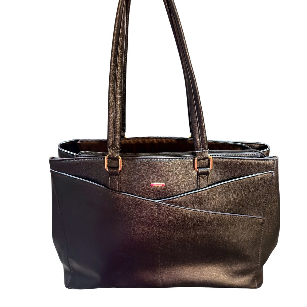 Lovevook Laptop Tote Bag Womens Black Faux Leather Work Shoulder Bag Minimalist